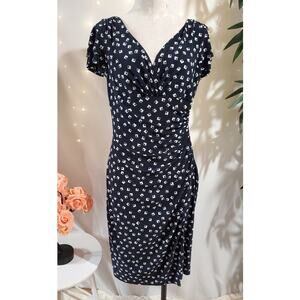 Lauren Ralph Lauren Faux Wrap Stretch Ruched Midi Dress Size 10 Navy Blue Square